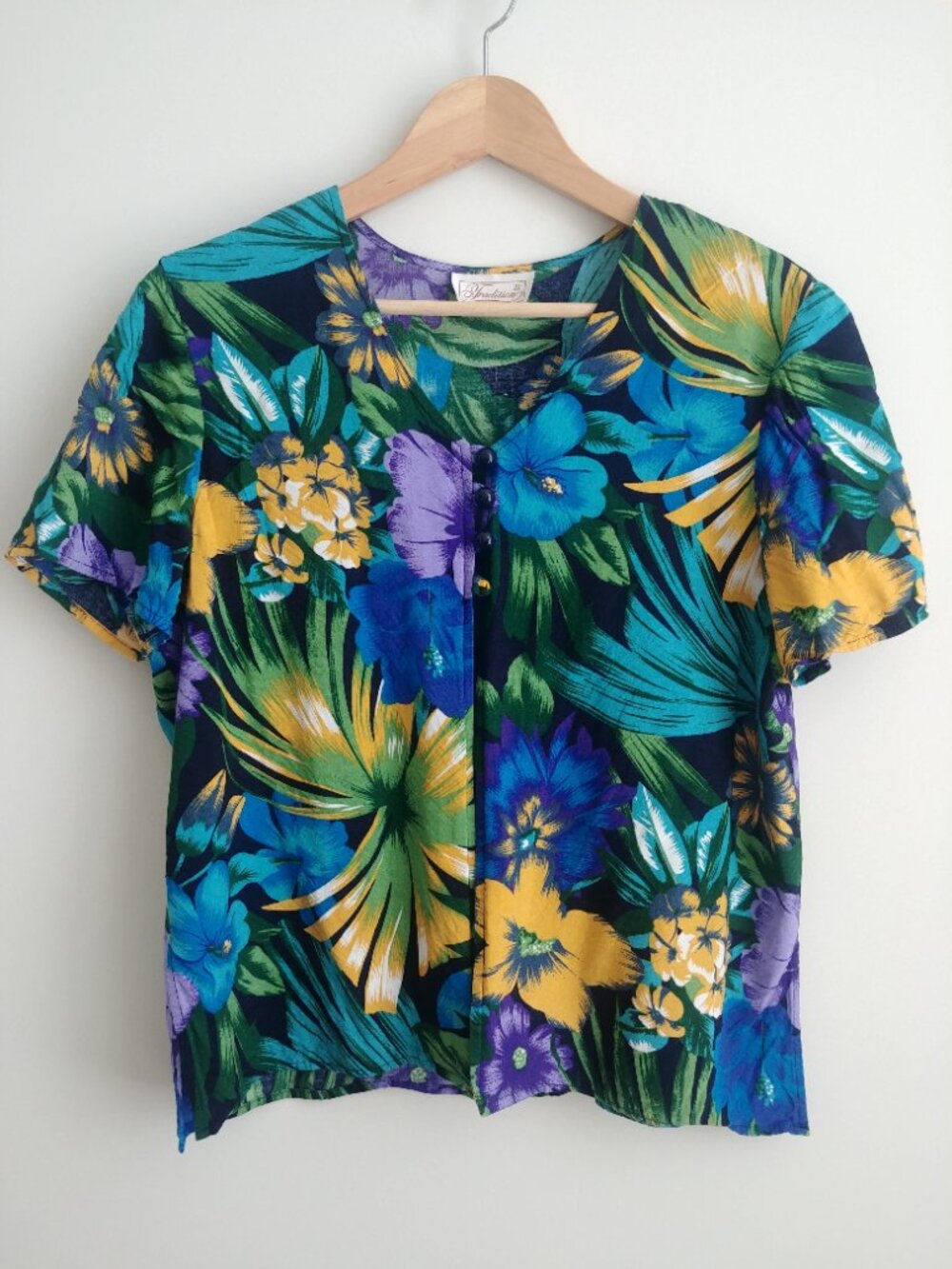 Vintage Traditions blouse top short sleeve cardigan dark purple floral approx M